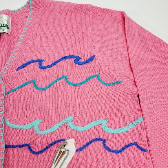 Quacker Factory Beach Summer Seashore Themed Pink Cardigan Sweater Medium - Picture 10 of 14